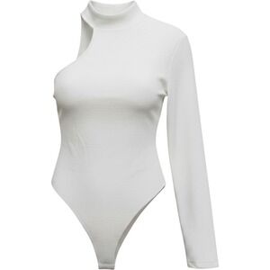New Glam Feeling Inspired One Shoulder Bodysuit White Mock Neck‎ Long Sleeve L